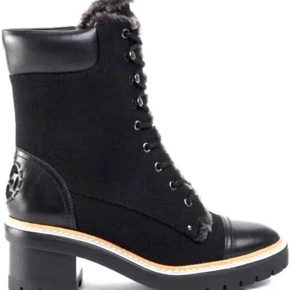 Tory Burch Black Leather Shearling Miller Lug Sole Ankle Booties - 9.5 - Picture 2 of 9